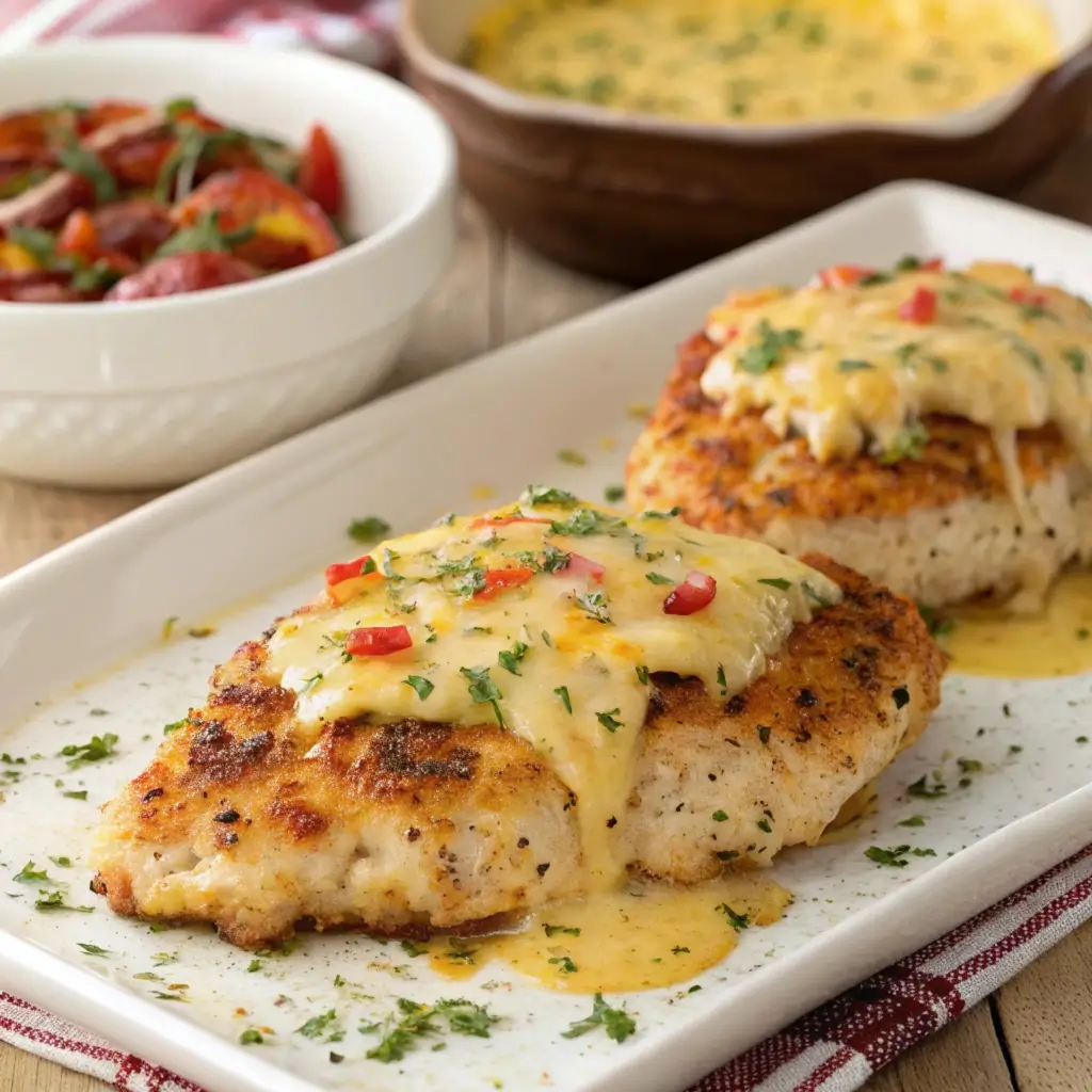  delicious serving of Alice Springs chicken featuring golden brown chicken breast topped with melted cheese