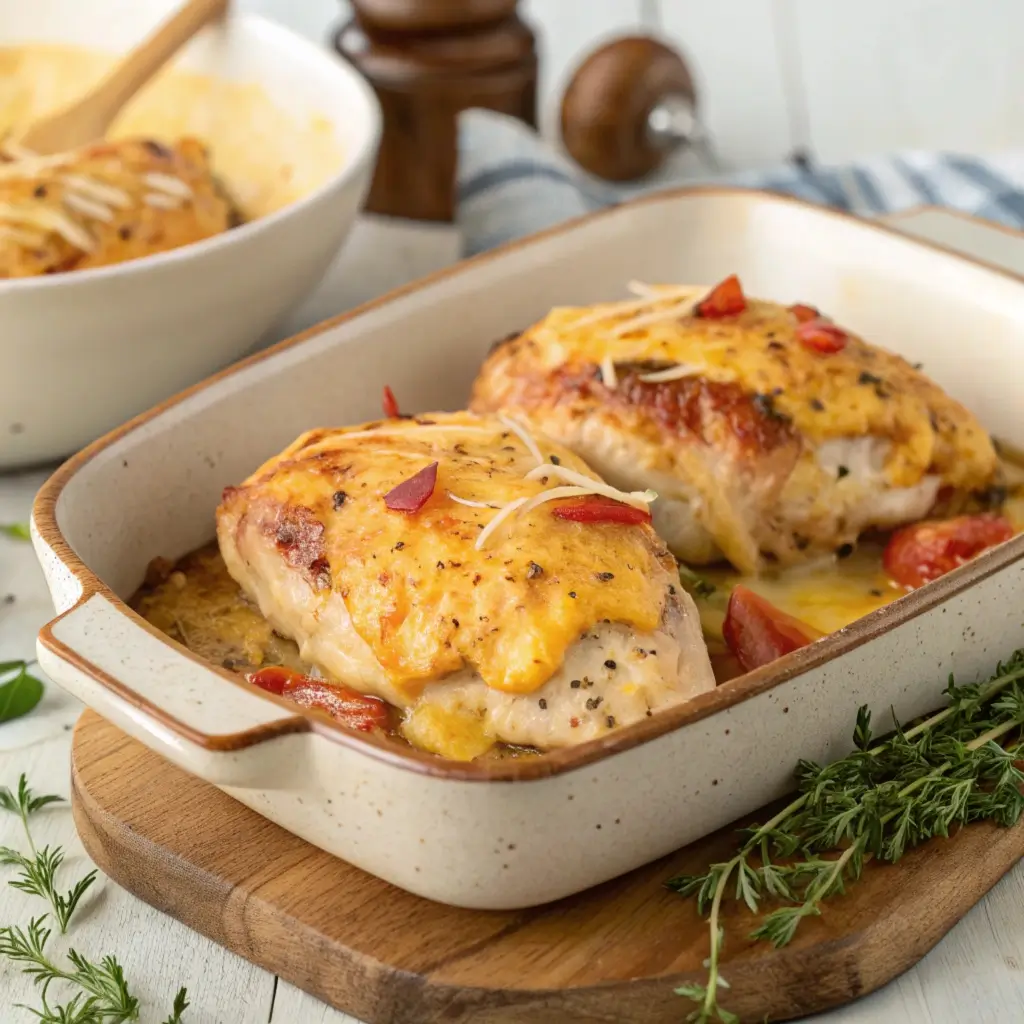 Alice Springs chicken topped with melted cheese