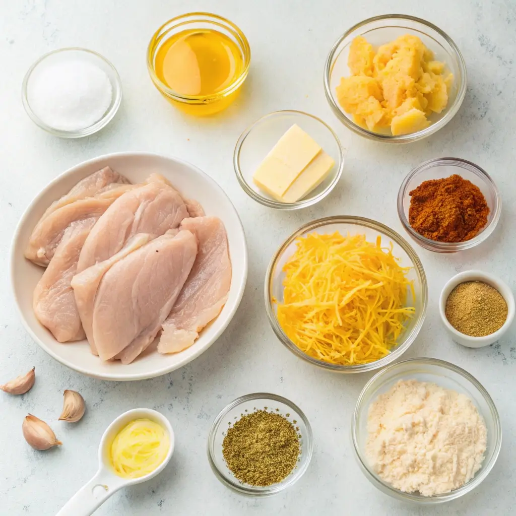  A flat lay image showing the ingredients needed for Alice Springs chicken, such as boneless chicken breasts, shredded cheddar cheese, honey, Dijon mustard, butter, garlic, and a variety of seasonings.