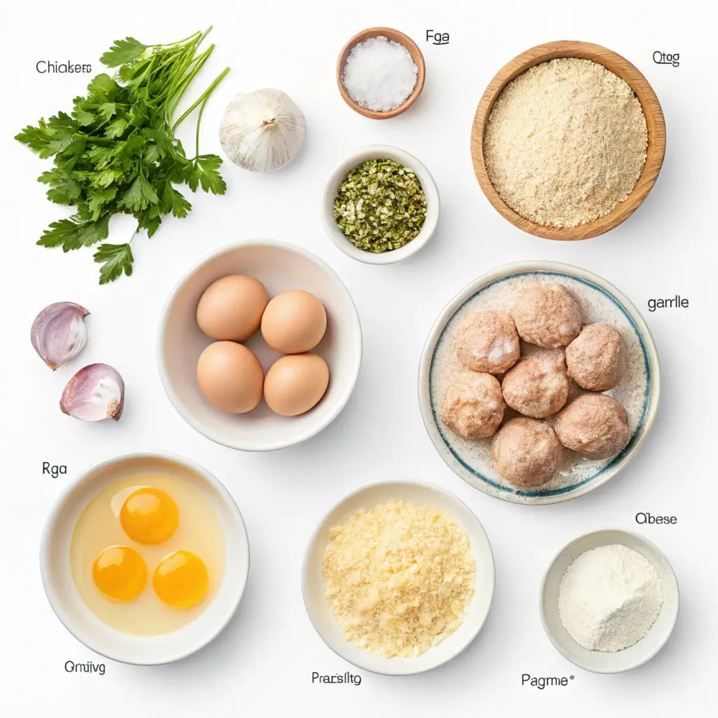  Ingredients for chicken meatballs arranged on a white surface.